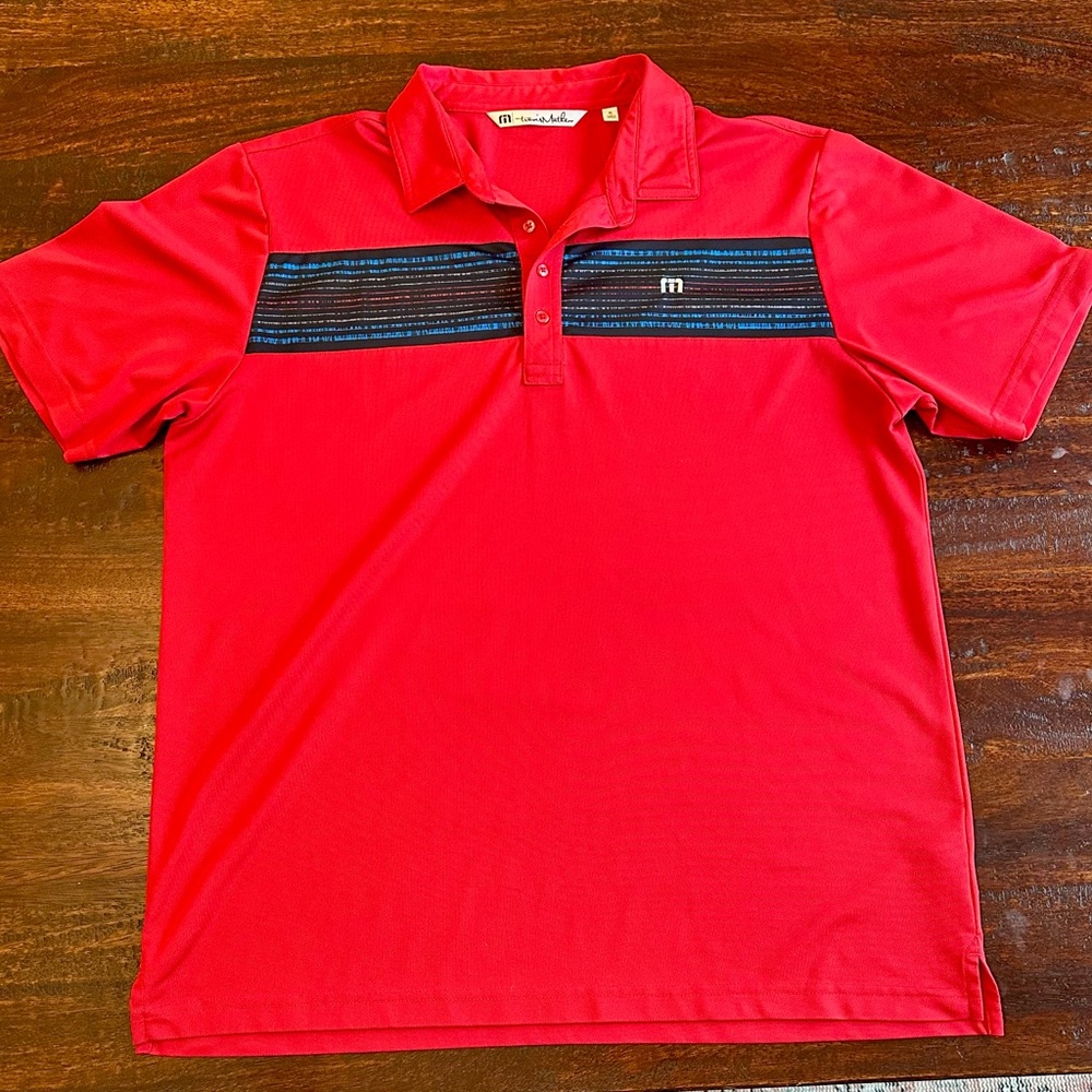 Travis Mathew Red Polo with Black and Blue Stripes XL